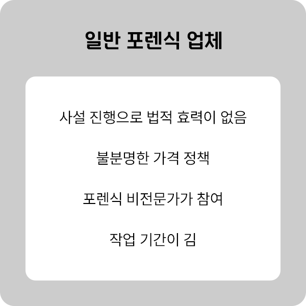 일반 포렌식 업체 사설 진행으로 법적 효력이 없음
불분명한 가격 정책
포렌식 비전문가가 참여
작업 기간이 김